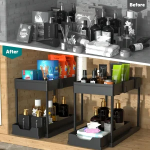 2 Tier Under Sink Organizer Sliding Cabinet Basket Organizer Storage Rack with Hooks Hanging Cup Bathroom Kitchen Organizer 1