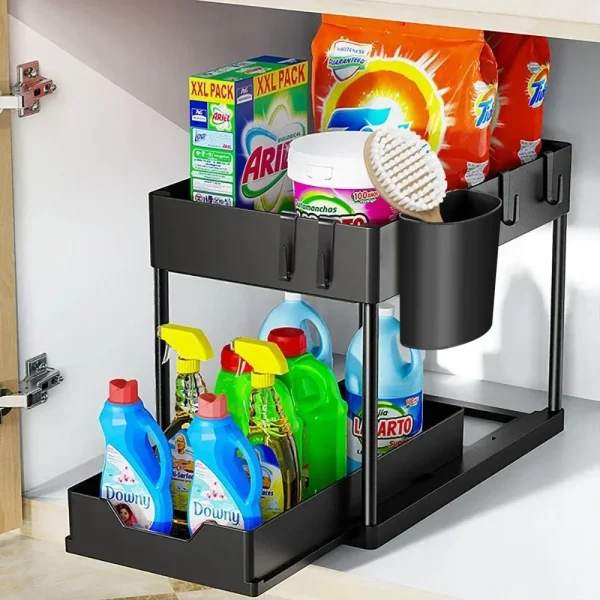 2 Tier Under Sink Organizer Sliding Cabinet Basket Organizer Storage Rack with Hooks Hanging Cup Bathroom Kitchen Organizer 2