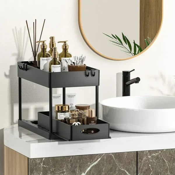 2 Tier Under Sink Organizer Sliding Cabinet Basket Organizer Storage Rack with Hooks Hanging Cup Bathroom Kitchen Organizer 3