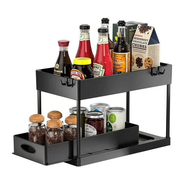 2 Tier Under Sink Organizer Sliding Cabinet Basket Organizer Storage Rack with Hooks Hanging Cup Bathroom Kitchen Organizer 4