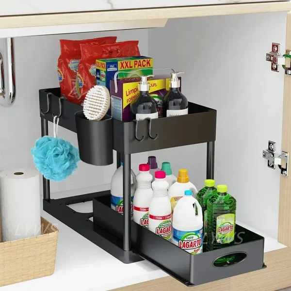2 Tier Under Sink Organizer Sliding Cabinet Basket Organizer Storage Rack with Hooks Hanging Cup Bathroom Kitchen Organizer 5