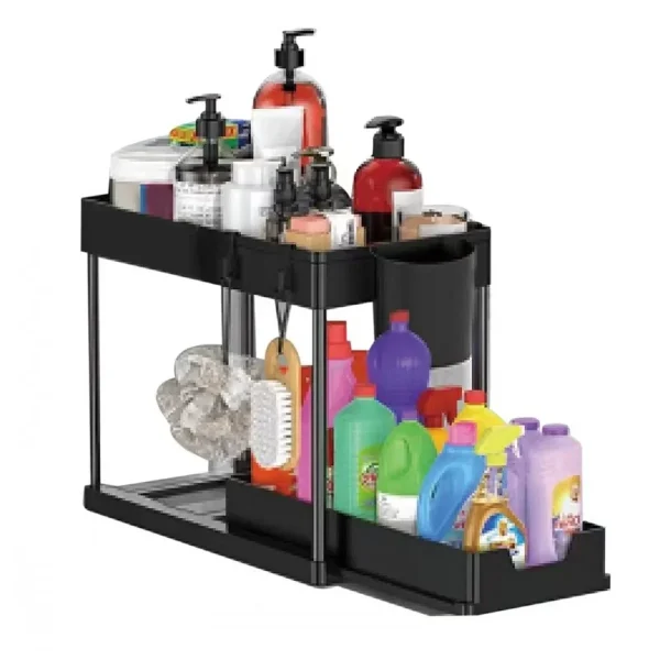 2 Tier Under Sink Organizer Sliding Cabinet Basket Organizer Storage Rack with Hooks Hanging Cup Bathroom Kitchen Organizer 6
