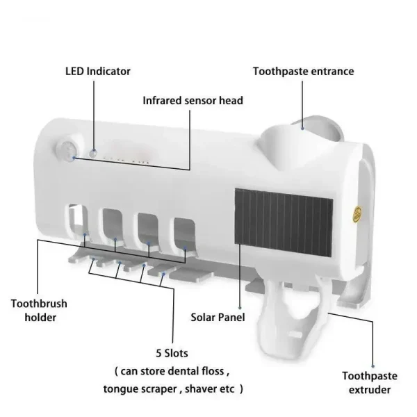 A wall mounted solar ultraviolet toothbrush sterilizer with automatic toothbrush holder and bathroom accessories 5
