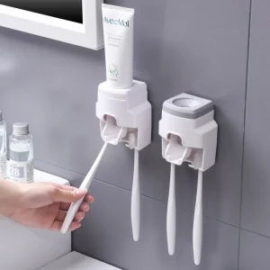 Automatic Toothpaste Dispenser Set Wall-Mounted Extruder Plastic No-Punch Lazy Man Toothbrush Holder Bathroom Accessories Gadget 1