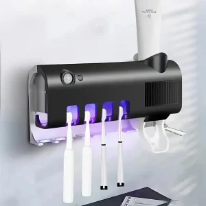 A disinfectant toothbrush holder, a wall mounted toothpaste dispenser, and a bathroom accessory set that does not require drilli 1