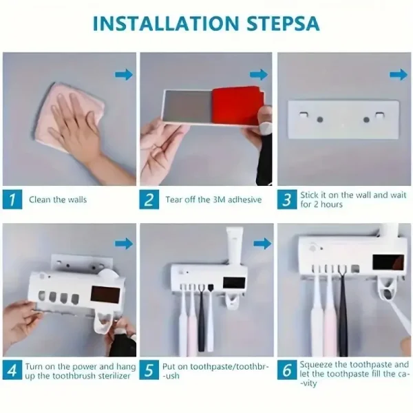 A disinfectant toothbrush holder, a wall mounted toothpaste dispenser, and a bathroom accessory set that does not require drilli 2