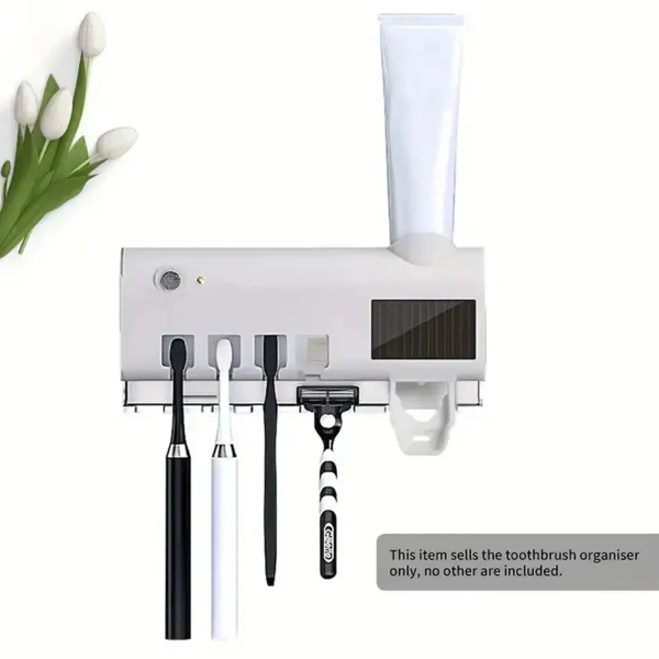 A disinfectant toothbrush holder, a wall mounted toothpaste dispenser, and a bathroom accessory set that does not require drilli 4