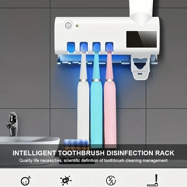 A disinfectant toothbrush holder, a wall mounted toothpaste dispenser, and a bathroom accessory set that does not require drilli 5