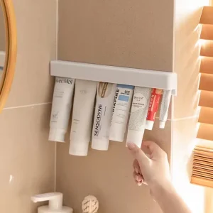 1Pc Wall Mount Bathroom Long Toothpaste Holder Multifunctional Space-Saving Toothpaste Storage Rack Self-adhesive 1