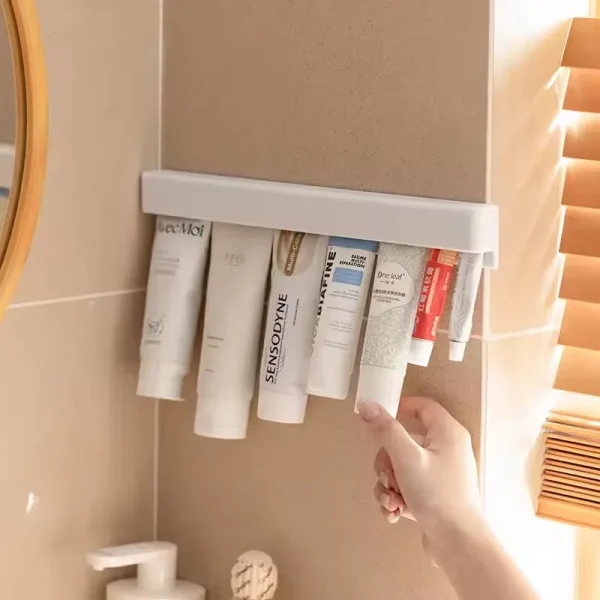 1Pc Wall Mount Bathroom Long Toothpaste Holder Multifunctional Space-Saving Toothpaste Storage Rack Self-adhesive 1