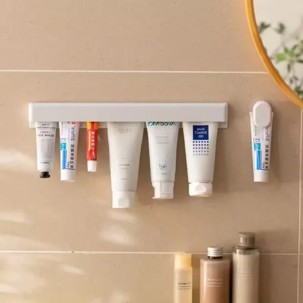 1Pc Wall Mount Bathroom Long Toothpaste Holder Multifunctional Space-Saving Toothpaste Storage Rack Self-adhesive 3