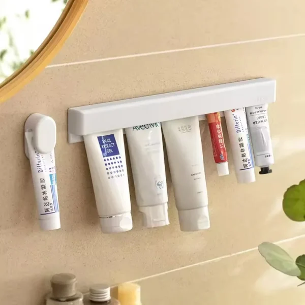 1Pc Wall Mount Bathroom Long Toothpaste Holder Multifunctional Space-Saving Toothpaste Storage Rack Self-adhesive 4