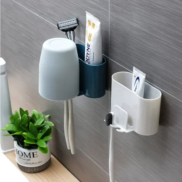 Toothbrush Holder Punch-free Wall-mounted Toothbrush Holder Shaver Toothpaste Mouthwash Cup Storage Rack Bathroom Accessories 5