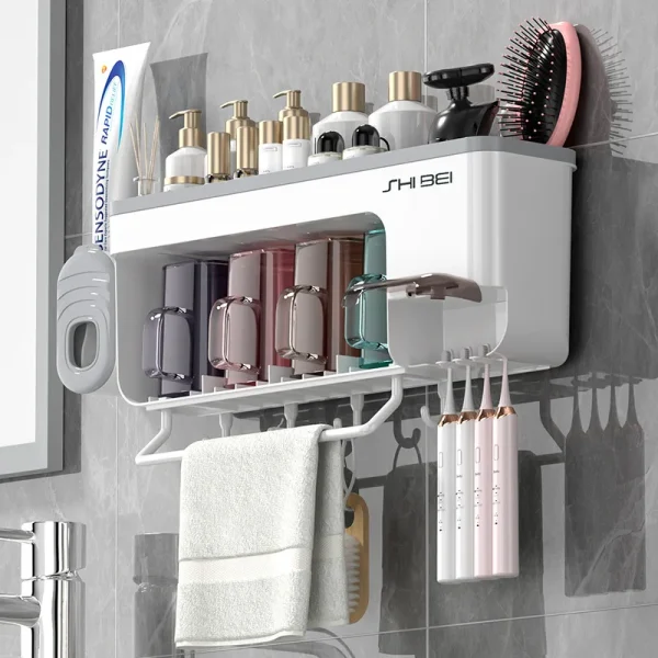 Wall Mounted Toothbrush Holder with Cup Multifunctional Storage Rack for Toothbrush Toothpaste Hanging Towel Bathroom Organizers 1
