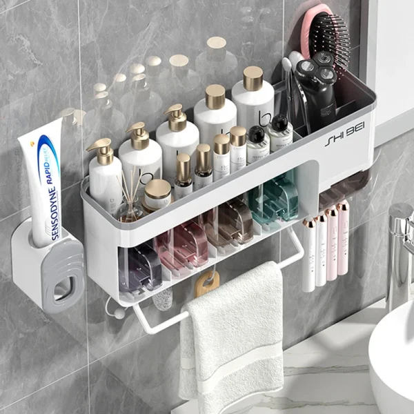 Wall Mounted Toothbrush Holder with Cup Multifunctional Storage Rack for Toothbrush Toothpaste Hanging Towel Bathroom Organizers 3