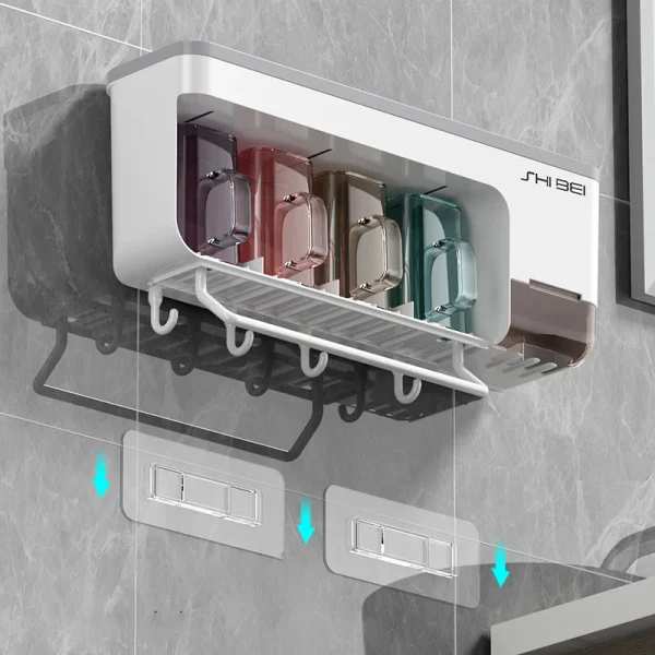 Wall Mounted Toothbrush Holder with Cup Multifunctional Storage Rack for Toothbrush Toothpaste Hanging Towel Bathroom Organizers 5