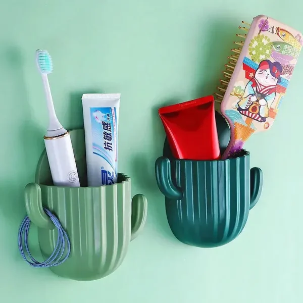 Toothbrush Holder Cactus Storage Rack Shaver Organizer Wall Self-adhesive Storage Drain Rack Prateleiras Bathroom Accessories 3