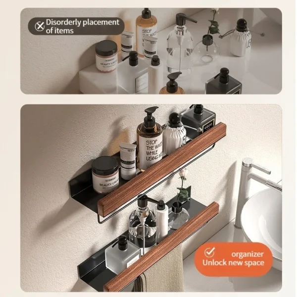 Wood Aluminum material Corner Shelf Shampoo Storage Shelf Shower Wall Rack Bathroom Organizer Bathroom Accessories 2