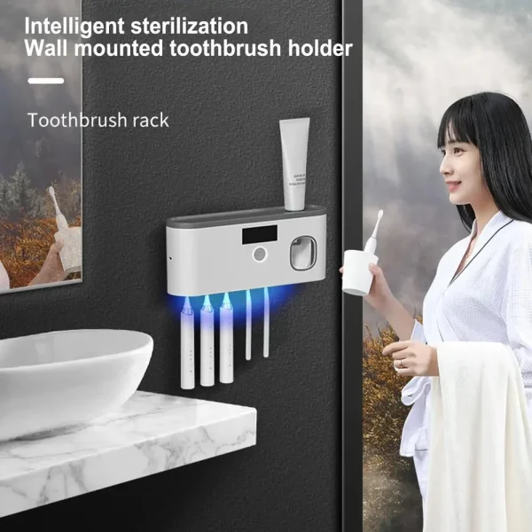 Wall Toothbrush Holder for Bathroom UV Toothbrush Organizer Toothpaste Dispenser USB Rechargeable 5 Slots Bathroom Supplies 5