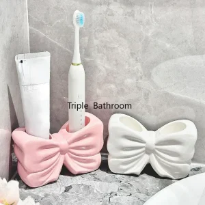 1pc Ceramic Bow Toothbrush Holder Ornament Ceramic Toothbrush, Toothpaste Storage Rack Bathroom Accessories Brush Holder 1