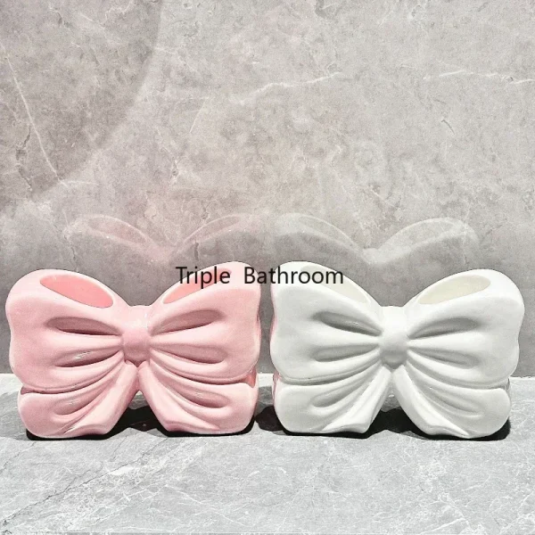 1pc Ceramic Bow Toothbrush Holder Ornament Ceramic Toothbrush, Toothpaste Storage Rack Bathroom Accessories Brush Holder 2