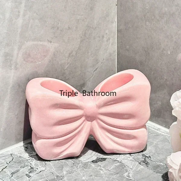 1pc Ceramic Bow Toothbrush Holder Ornament Ceramic Toothbrush, Toothpaste Storage Rack Bathroom Accessories Brush Holder 3