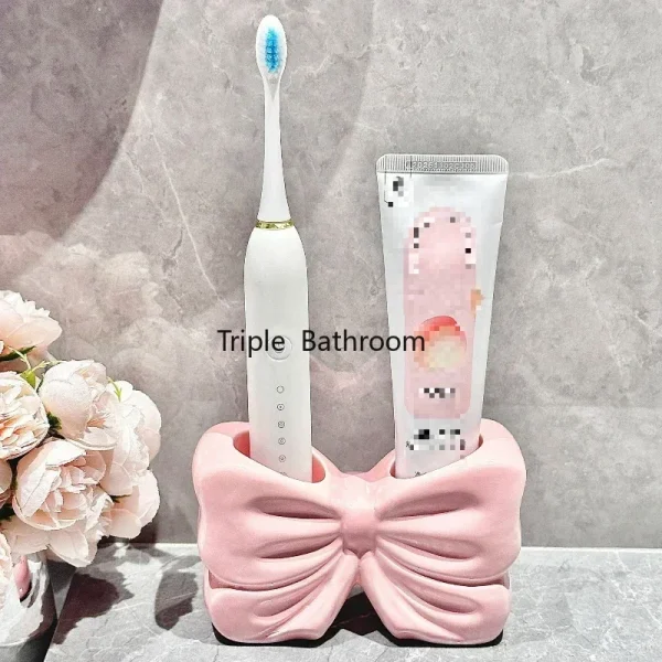 1pc Ceramic Bow Toothbrush Holder Ornament Ceramic Toothbrush, Toothpaste Storage Rack Bathroom Accessories Brush Holder 5