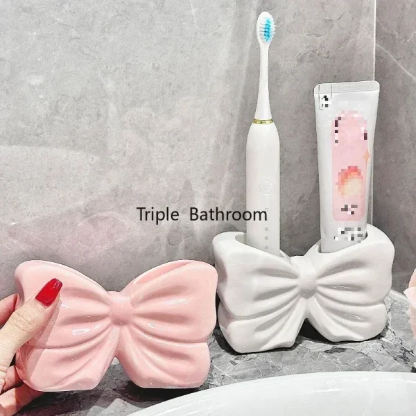 1pc Ceramic Bow Toothbrush Holder Ornament Ceramic Toothbrush, Toothpaste Storage Rack Bathroom Accessories Brush Holder 6