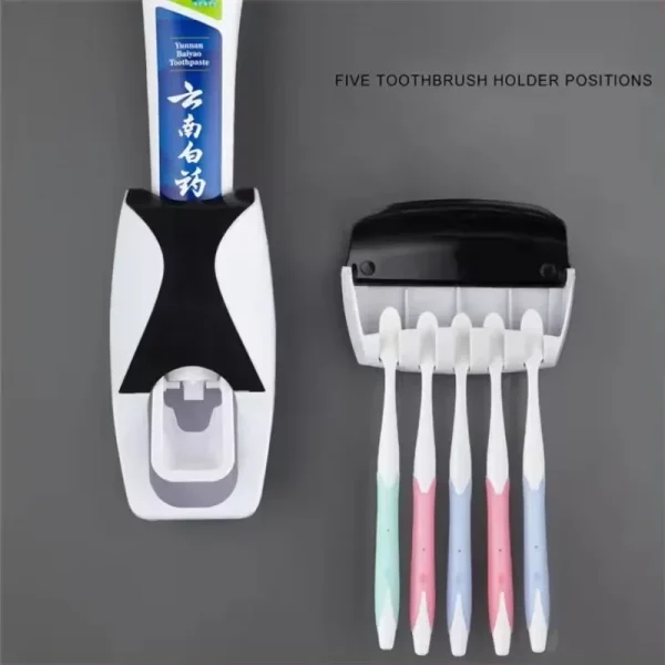1Set Toothbrush Holder with Automatic Toothpaste Dispenser Wall Mounted Toothbrush Storage Rack & Bathroom Toothpaste Squeezer 2