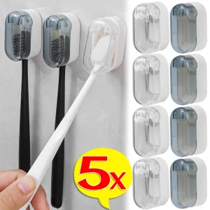 1-5Pcs Toothbrush Holders With Cover Punch-free Wall-mounted Toothbrush Holders Self-adhesive Dust-free Bathroom Storage Racks 1