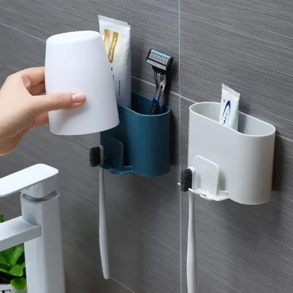 Toothbrush Holder Punch-free Wall-mounted Toothbrush Holder Shaver Toothpaste Mouthwash Cup Storage Rack Bathroom Accessories 2