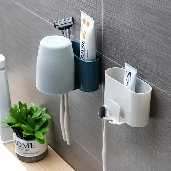 Toothbrush Holder Punch-free Wall-mounted Toothbrush Holder Shaver Toothpaste Mouthwash Cup Storage Rack Bathroom Accessories 5