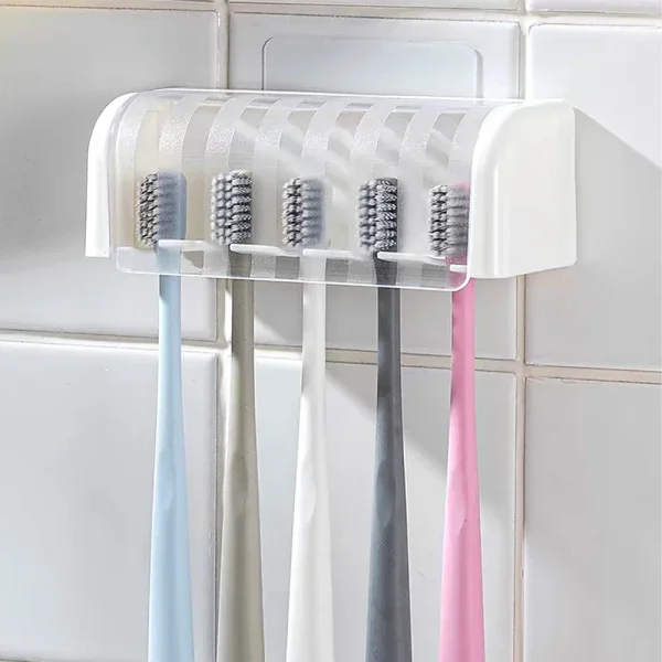 5 Holes Toothbrush Holder with Cover Punch-free Dustproof Toothbrush Storage Racks Wall-mounted Home Bathroom Storage Supplies 1