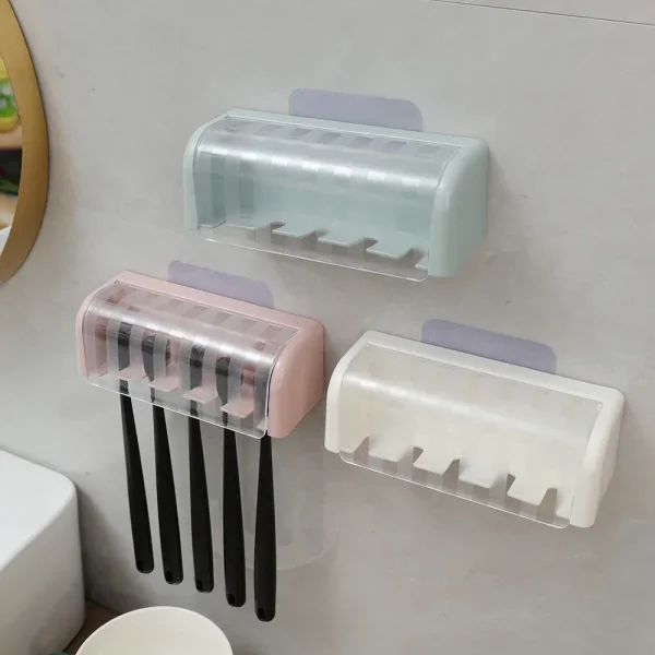 5 Holes Toothbrush Holder with Cover Punch-free Dustproof Toothbrush Storage Racks Wall-mounted Home Bathroom Storage Supplies 4