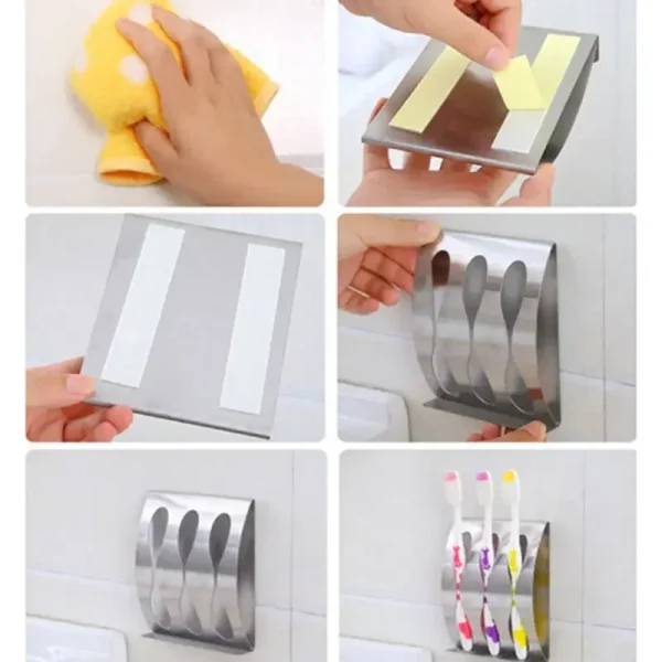 2024 1PC Wall Mount Toothbrush Holder 3/2 Hook Self-Adhesive Tooth Brush Organizer Box Stainless Steel Bathroom Accessories 6