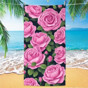 Rose Pattern Beach Towel, Digital Printing Thin Quick-Dry Anti-Sand Microfiber Lightweight for Swim, Yoga, Travel, Gym, Gift 1