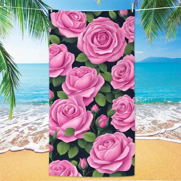 Rose Pattern Beach Towel, Digital Printing Thin Quick-Dry Anti-Sand Microfiber Lightweight for Swim, Yoga, Travel, Gym, Gift 1