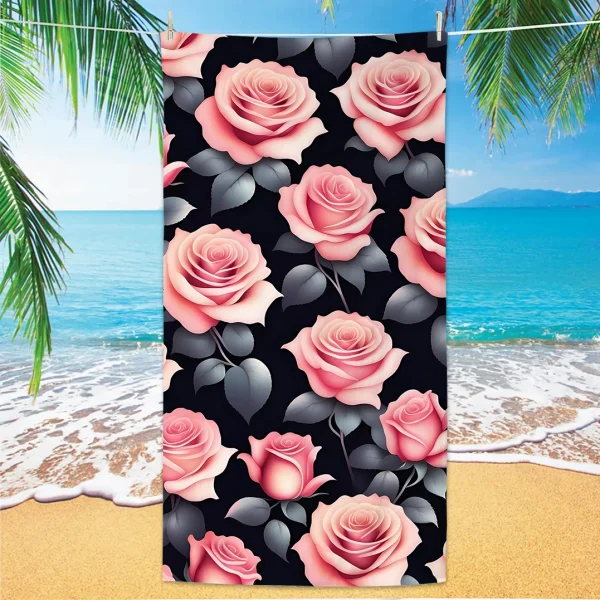 Rose Pattern Beach Towel, Digital Printing Thin Quick-Dry Anti-Sand Microfiber Lightweight for Swim, Yoga, Travel, Gym, Gift 1