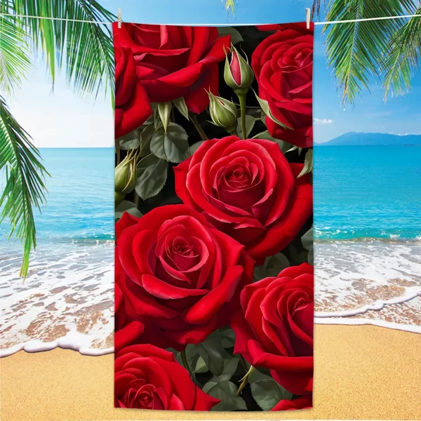 Rose Pattern Beach Towel, Digital Printing Thin Quick-Dry Anti-Sand Microfiber Lightweight for Swim, Yoga, Travel, Gym, Gift 2