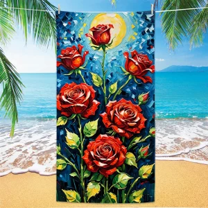 Rose Pattern Beach Towel, Digital Printing Thin Quick-Dry Anti-Sand Microfiber Lightweight for Swim, Yoga, Travel, Gym, Gift 1