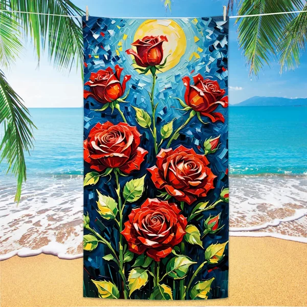 Rose Pattern Beach Towel, Digital Printing Thin Quick-Dry Anti-Sand Microfiber Lightweight for Swim, Yoga, Travel, Gym, Gift 1