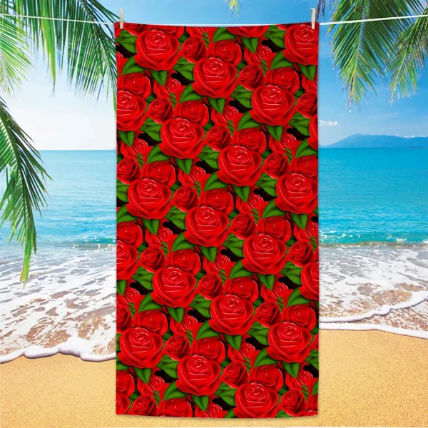 Rose Pattern Beach Towel, Digital Printing Thin Quick-Dry Anti-Sand Microfiber Lightweight for Swim, Yoga, Travel, Gym, Gift 2
