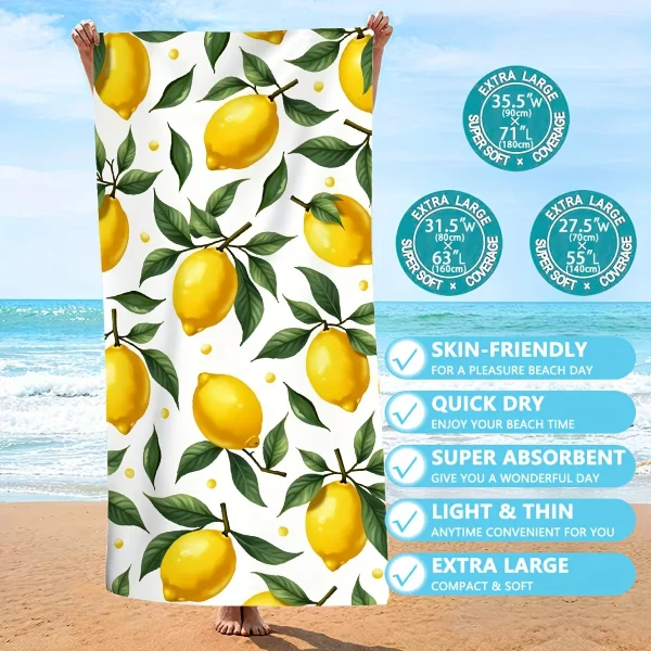 Lemon-Printed Extra Large, Skin-Friendly Beach Towel for Ultimate Summer Fun! Suitable for towels, bath towels, beach towels 1
