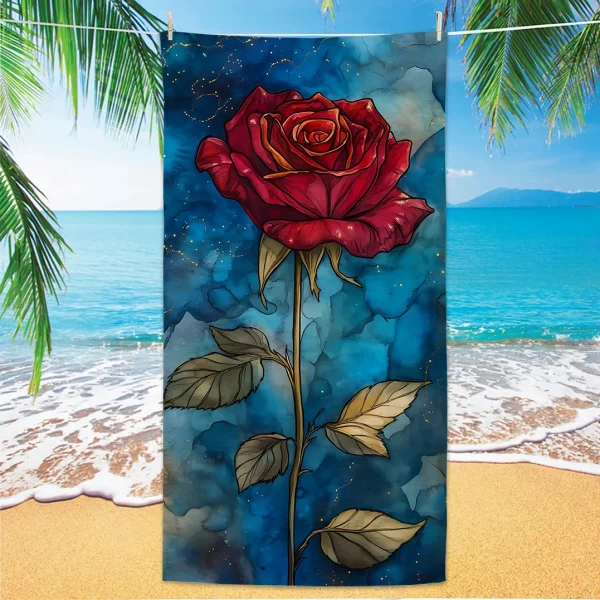 Rose Pattern Beach Towel, Digital Printing Thin Quick-Dry Anti-Sand Microfiber Lightweight for Swim, Yoga, Travel, Gym, Gift 1