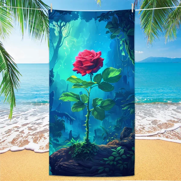 Rose Pattern Beach Towel, Digital Printing Thin Quick-Dry Anti-Sand Microfiber Lightweight for Swim, Yoga, Travel, Gym, Gift 2
