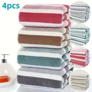 4pcs Coral Fleece Towel Set, Contemporary Striped, Super Soft, Quick-Dry, 13.7 x 29.5 Inches - Perfect for Bathroom 1