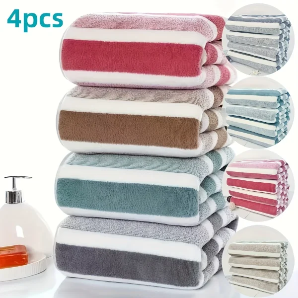 4pcs Coral Fleece Towel Set, Contemporary Striped, Super Soft, Quick-Dry, 13.7 x 29.5 Inches - Perfect for Bathroom 1
