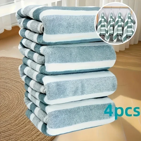4pcs Coral Fleece Towel Set, Contemporary Striped, Super Soft, Quick-Dry, 13.7 x 29.5 Inches - Perfect for Bathroom 2