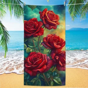 Rose Pattern Beach Towel, Digital Printing Thin Quick-Dry Anti-Sand Microfiber Lightweight for Swim, Yoga, Travel, Gym, Gift 1
