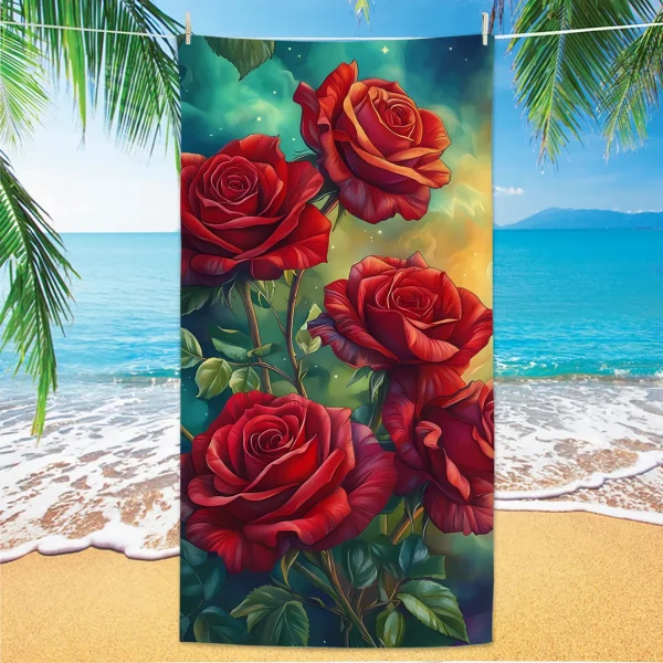 Rose Pattern Beach Towel, Digital Printing Thin Quick-Dry Anti-Sand Microfiber Lightweight for Swim, Yoga, Travel, Gym, Gift 1